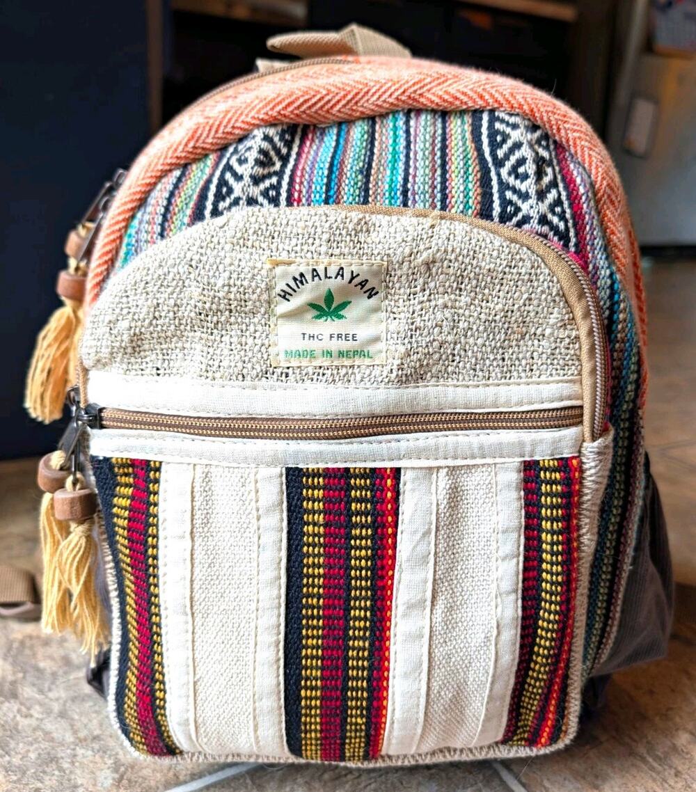 Himalayan Striped Multicolor Hemp Zip Backpack THC Free handmade in Nepal